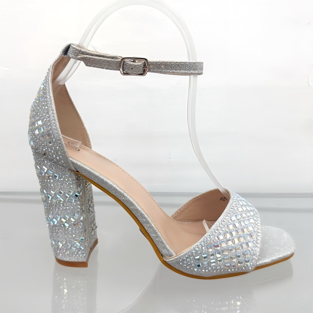 Silver Rhinestones Open Toe Heels - Picture 5 of 6